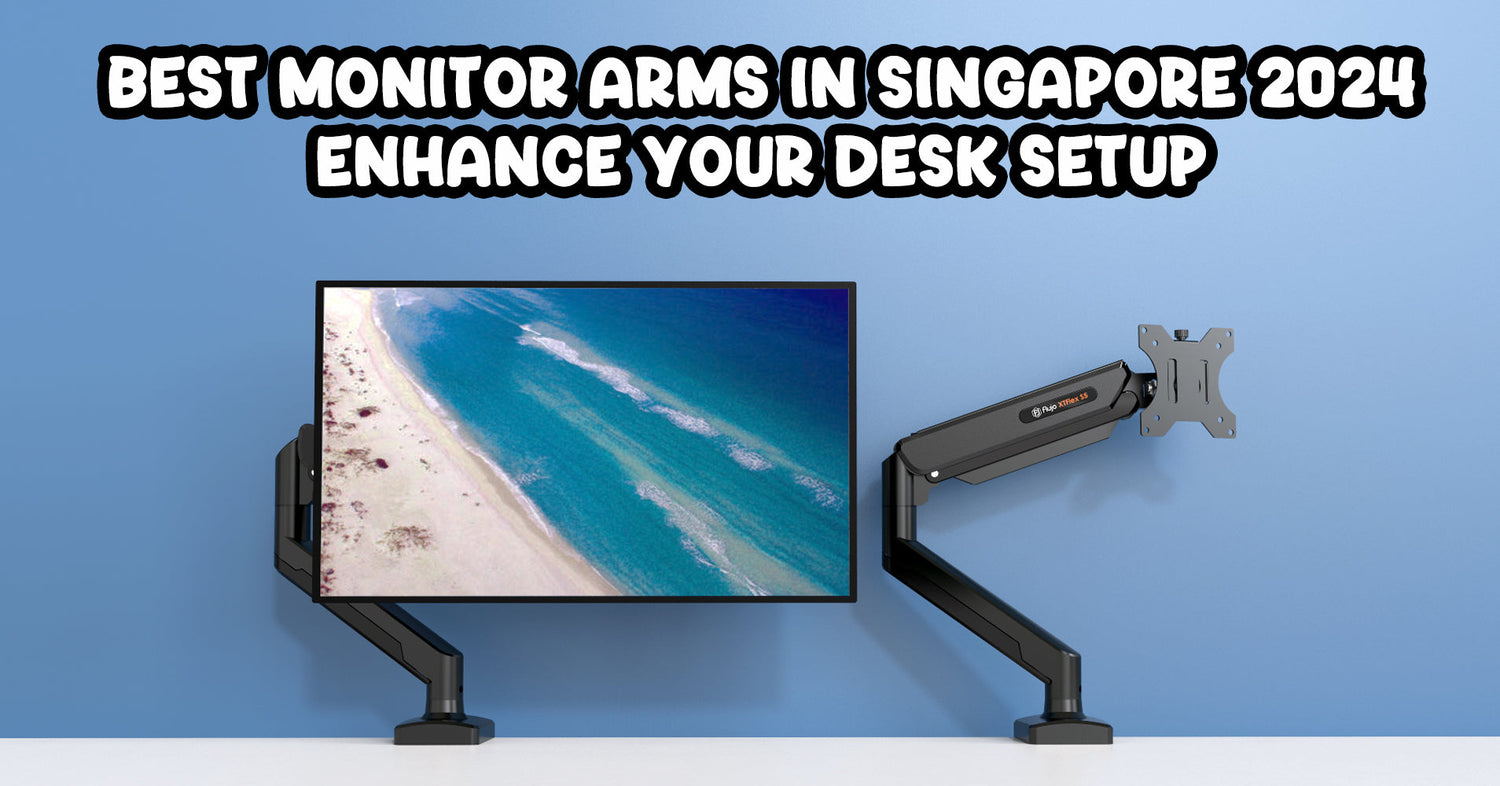 Best Monitor Arms in Singapore 2024, emphasizing desk setup enhancement with an illustrated monitor and arm.