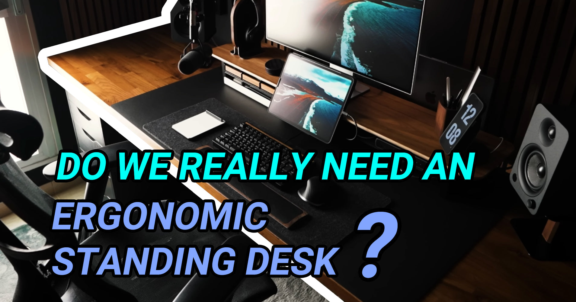 An image of a workstation with multiple screens, featuring the text "Do we really need an ergonomic standing desk?
