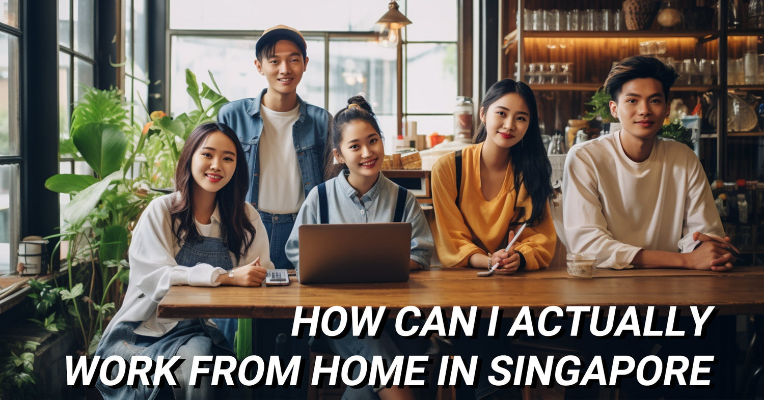 Group of young professionals smiling at a cafe, working together on a laptop, depicting remote work.