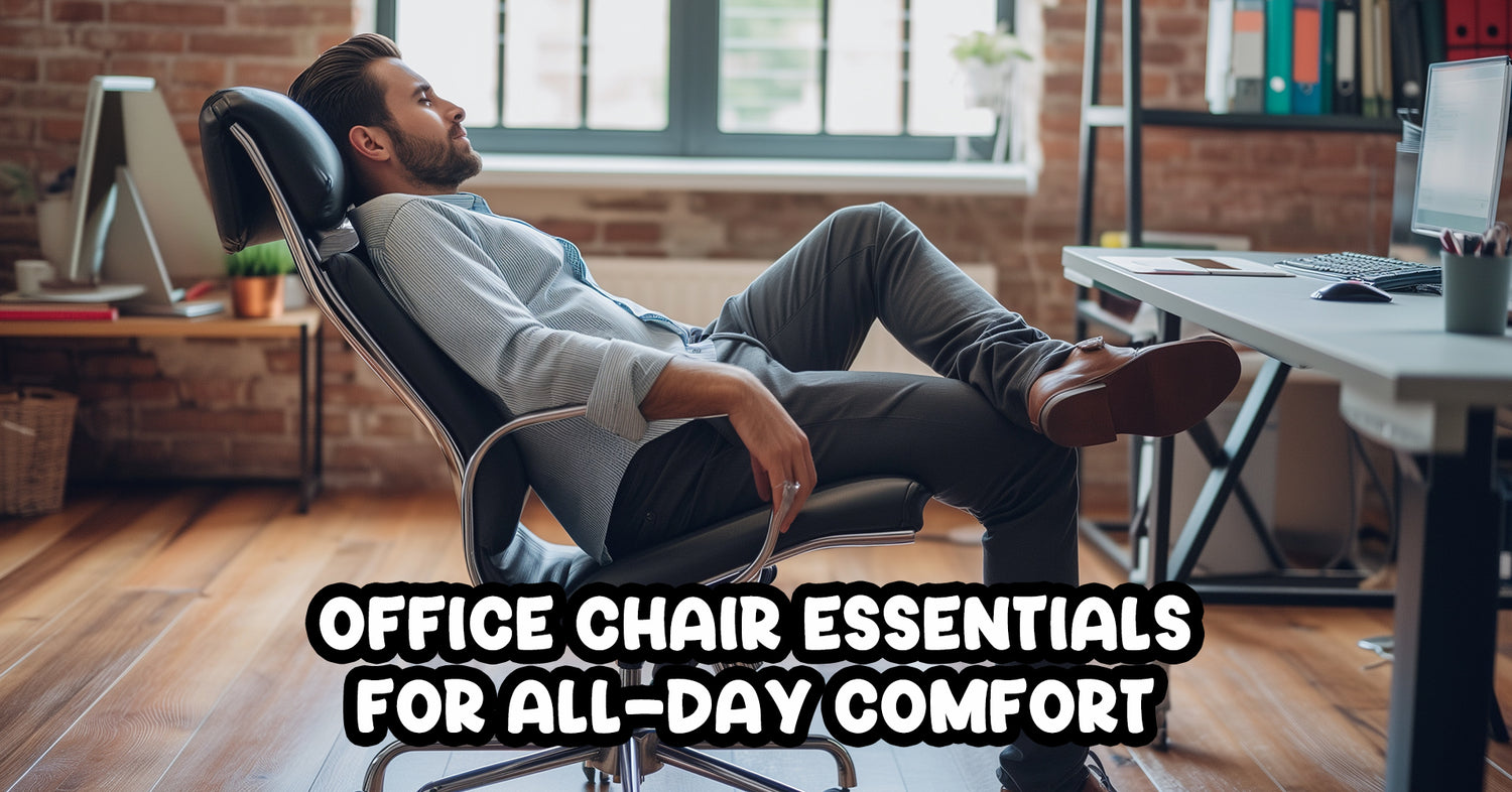 Man relaxing in a comfortable office chair with legs up on a desk in a bright office setting.