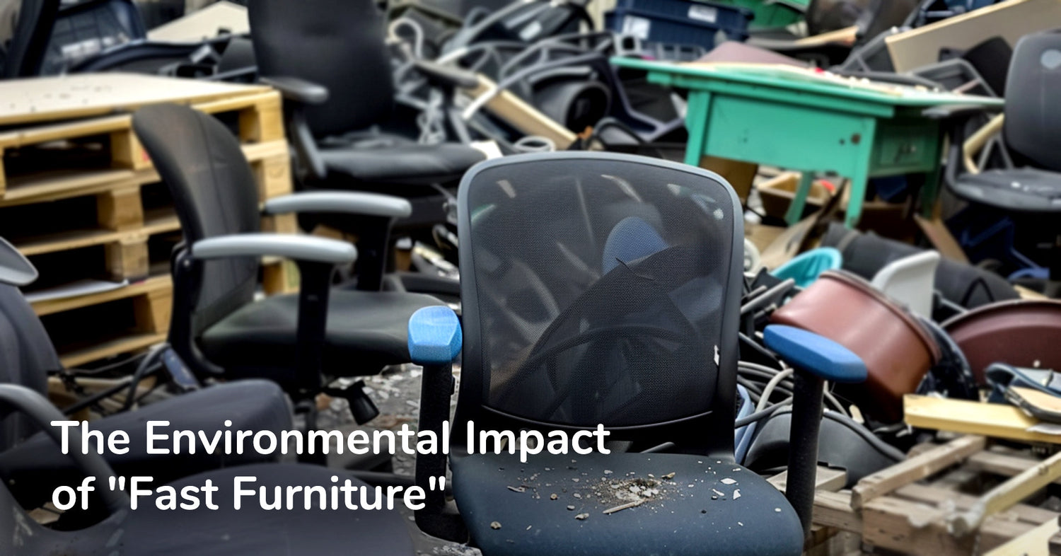 Pile of discarded office chairs and furniture, illustrating the environmental impact of fast furniture.