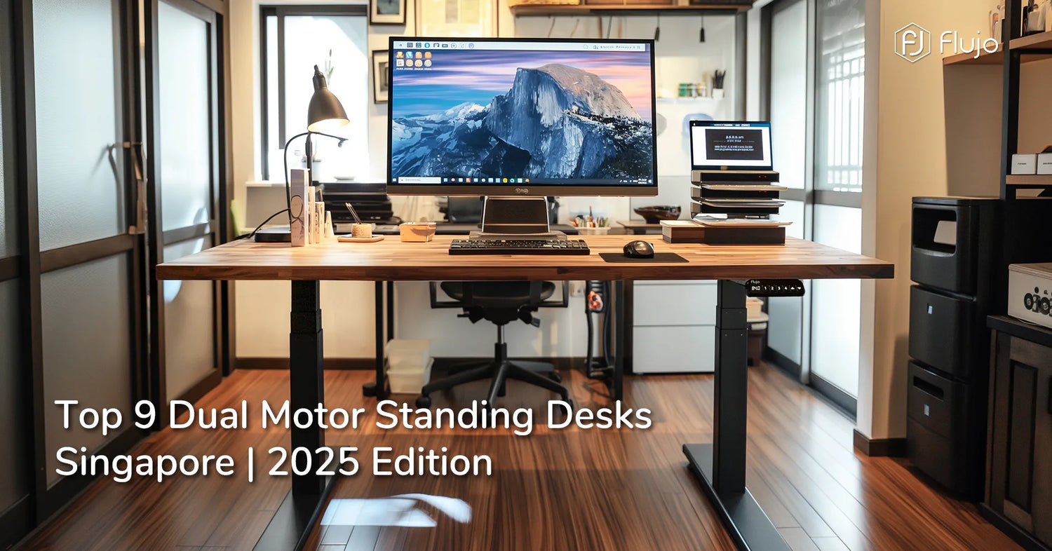 Banner for 'Best 9 Standing Desks Dual Motor 2025 Singapore' with a fully-equipped standing desk setup in a home office.