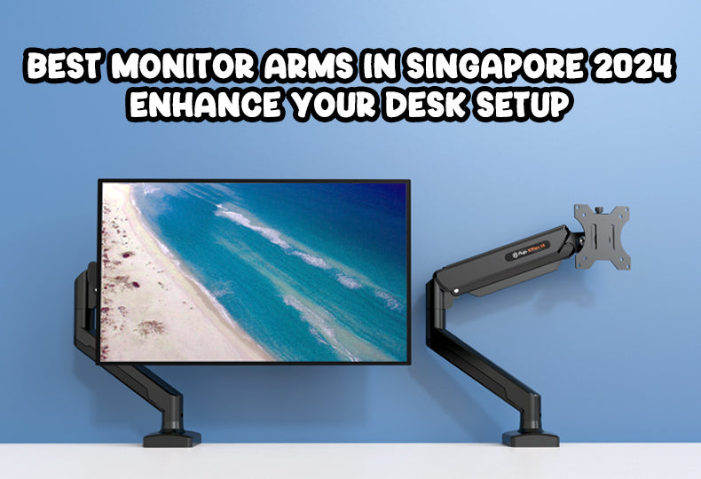Best Monitor Arms in Singapore 2024, emphasizing desk setup enhancement with an illustrated monitor and arm.