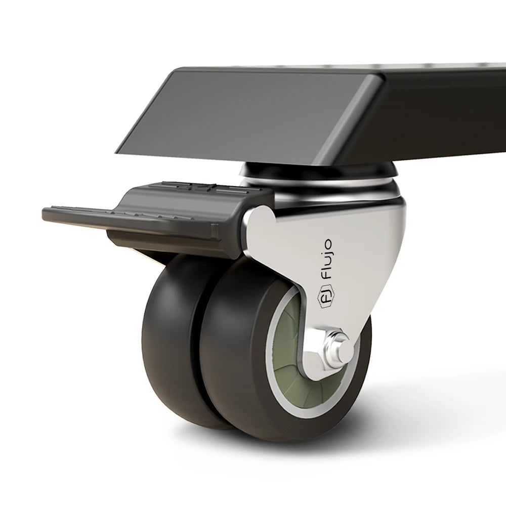 Close-up of a Flujo caster wheel with a sleek design, showcasing the brand logo on the wheel fork and a lockable brake mechanism on a swivel chair or table