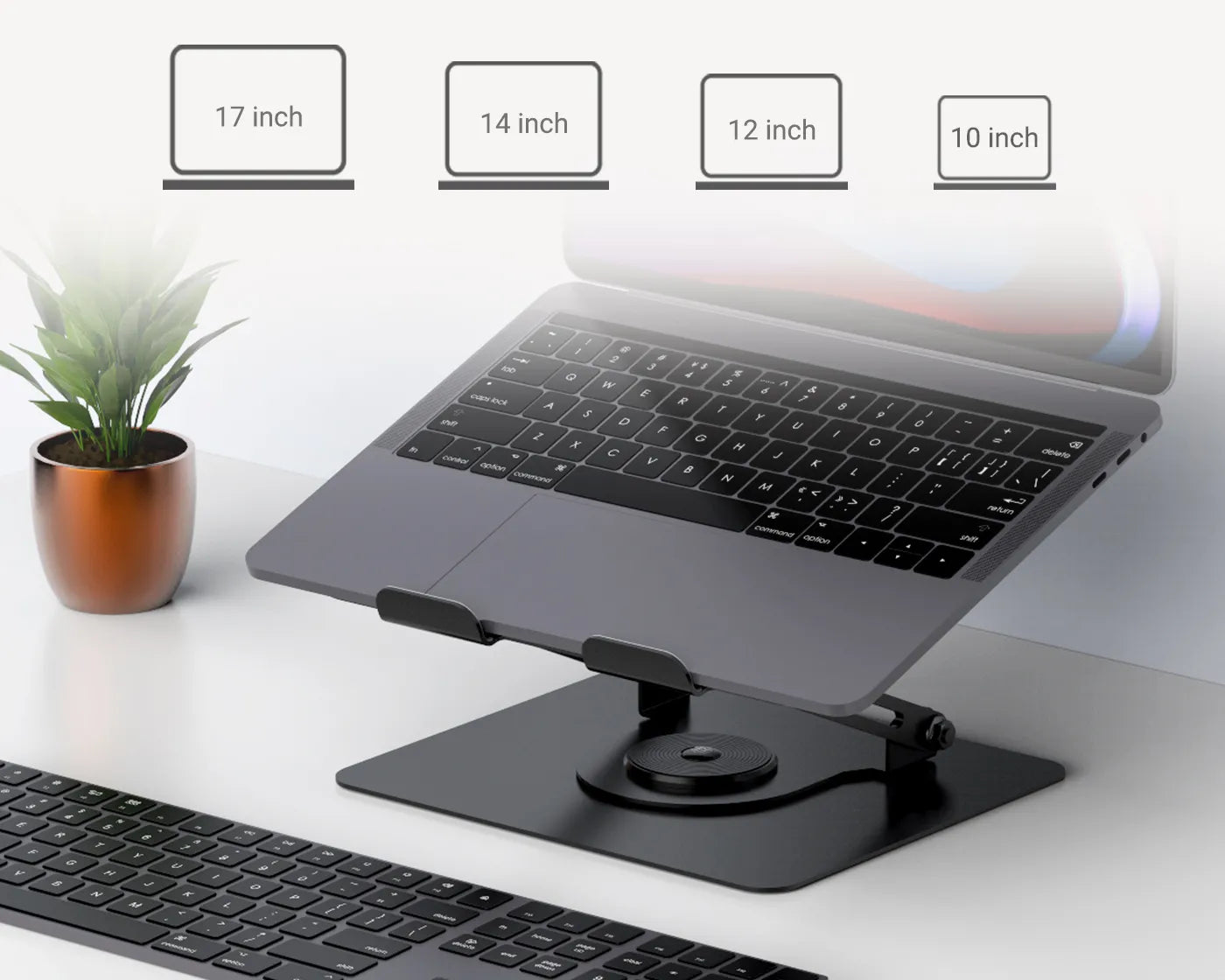 FlexStand Pro Laptop Stand by Flujo showcasing compatibility with different laptop sizes
