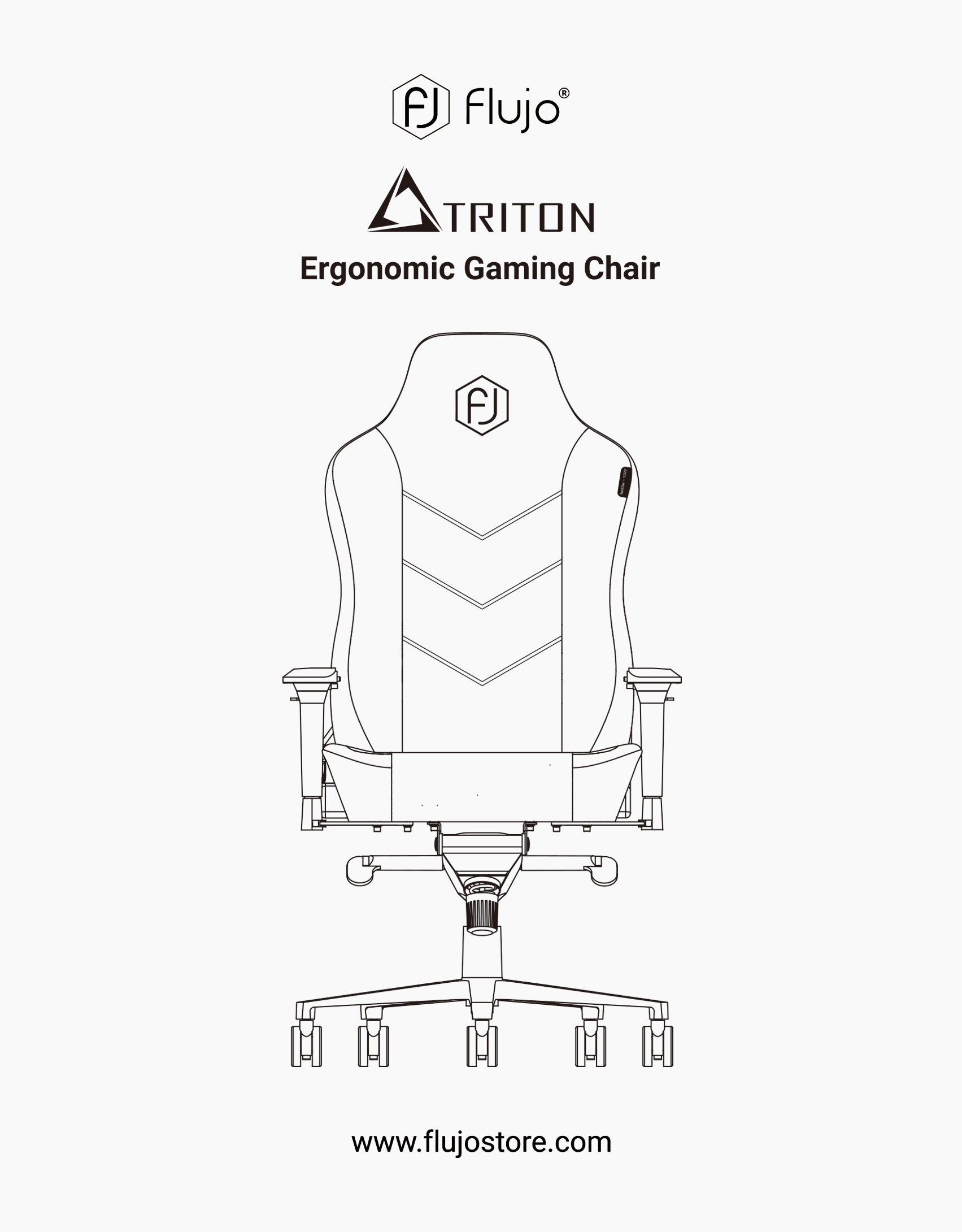 Artwork of the Flujo Triton Ergonomic Gaming Chair, with a racing-style backrest and shoulder support, from the gaming collection on the Flujo store website.
