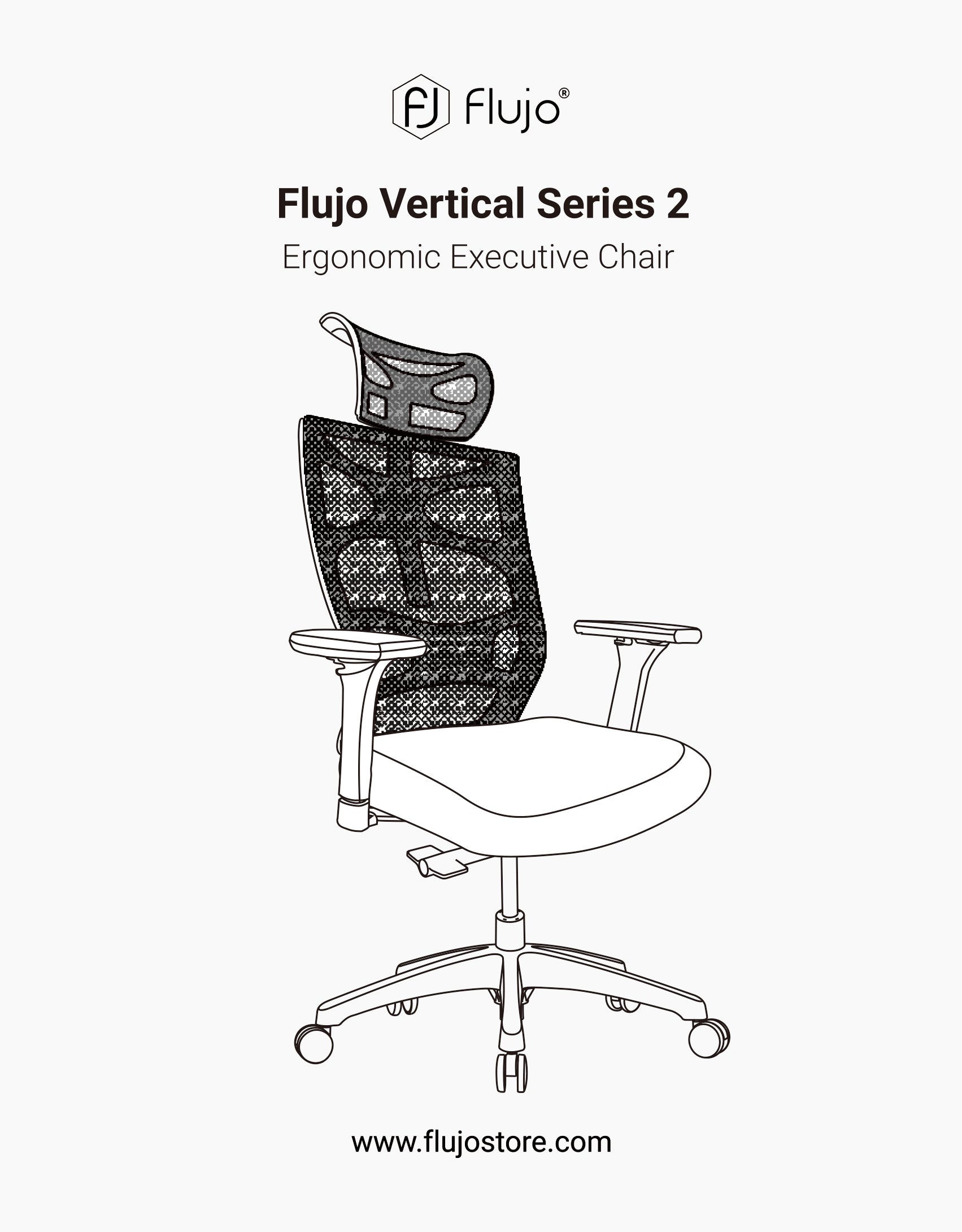 Graphic of the Flujo Vertical Series 2 Ergonomic Executive Chair, with a high mesh back and distinct headrest, available for purchase at Flujo's online store.