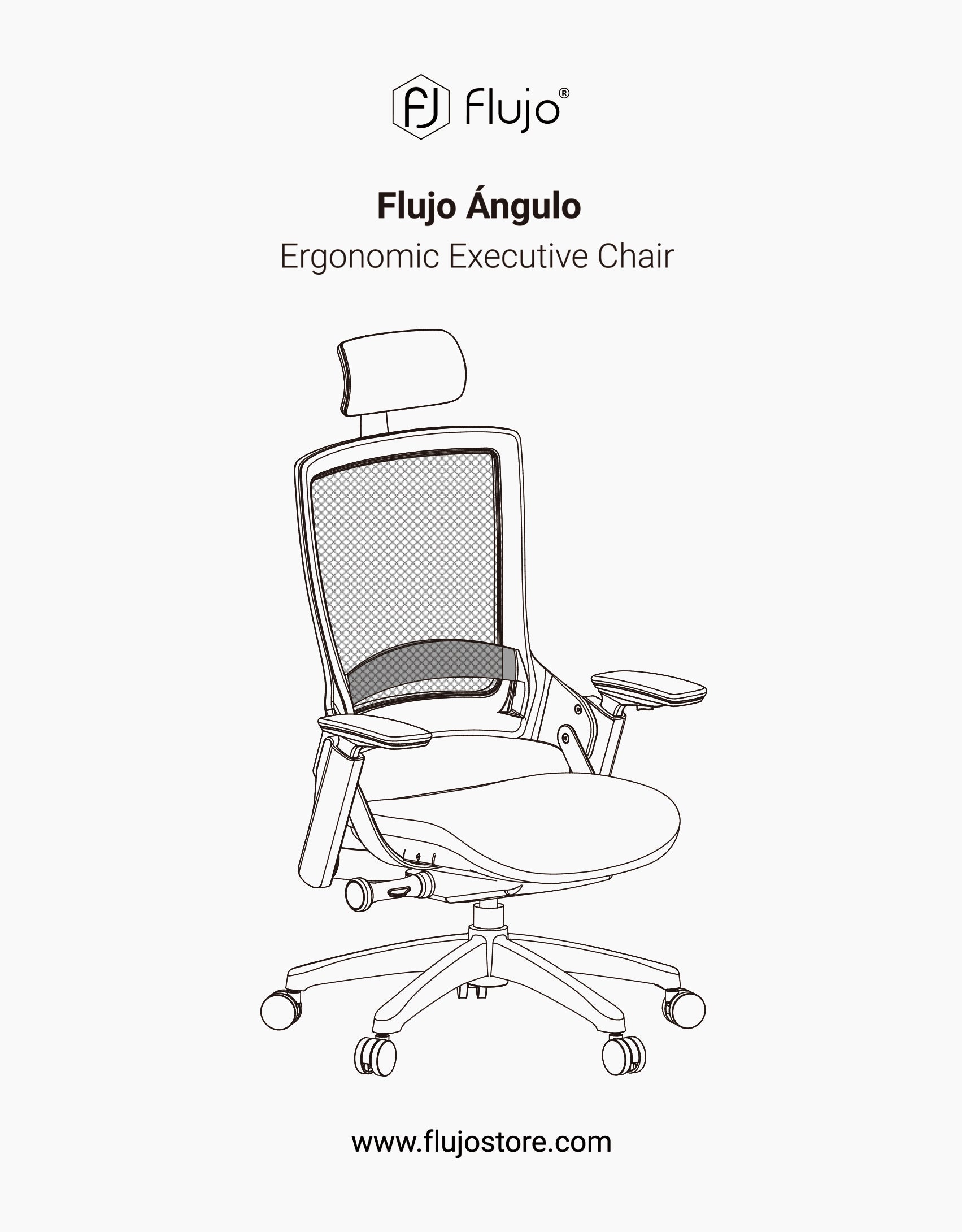 Drawing of the Flujo Ángulo Ergonomic Executive Chair, showcasing a mesh back and headrest for ergonomic comfort, part of Flujo's office furniture collection.