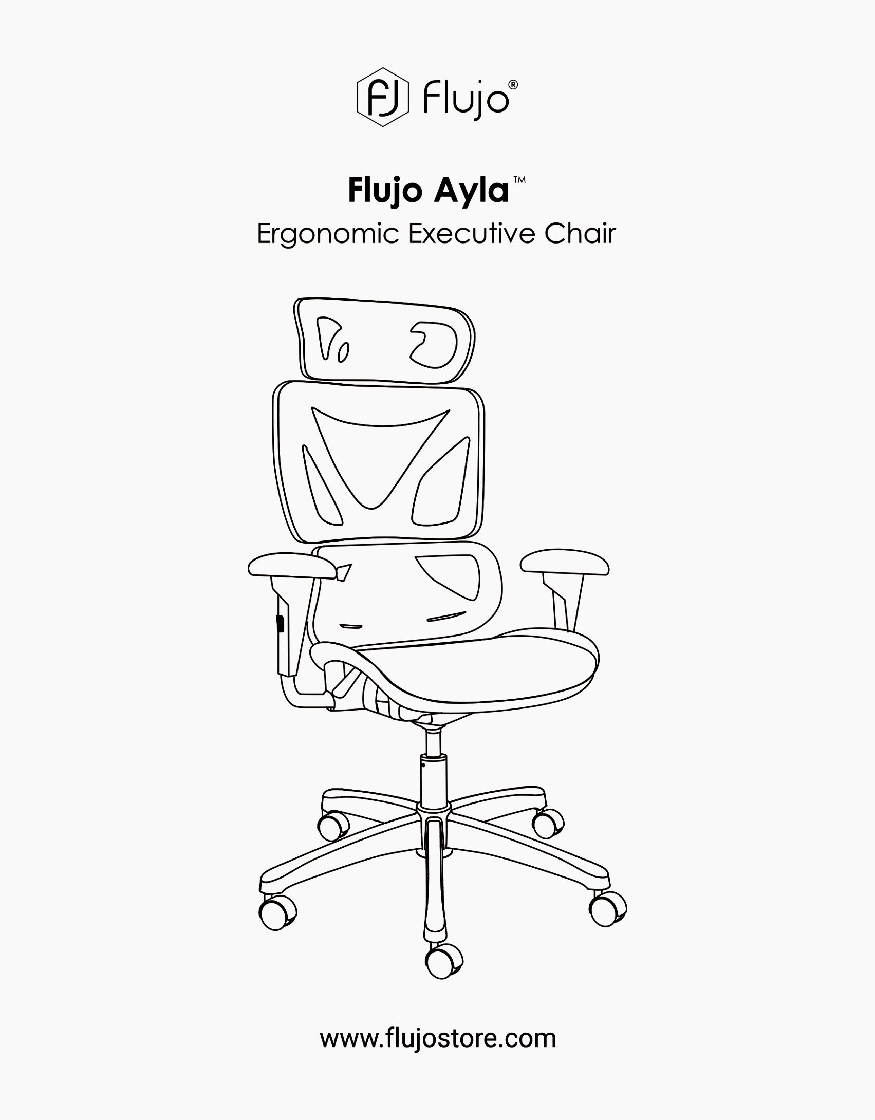 Line drawing of the Flujo Ayla™ Ergonomic Executive Chair showing a comfortable design with adjustable armrests and a high backrest, on the Flujo official website.