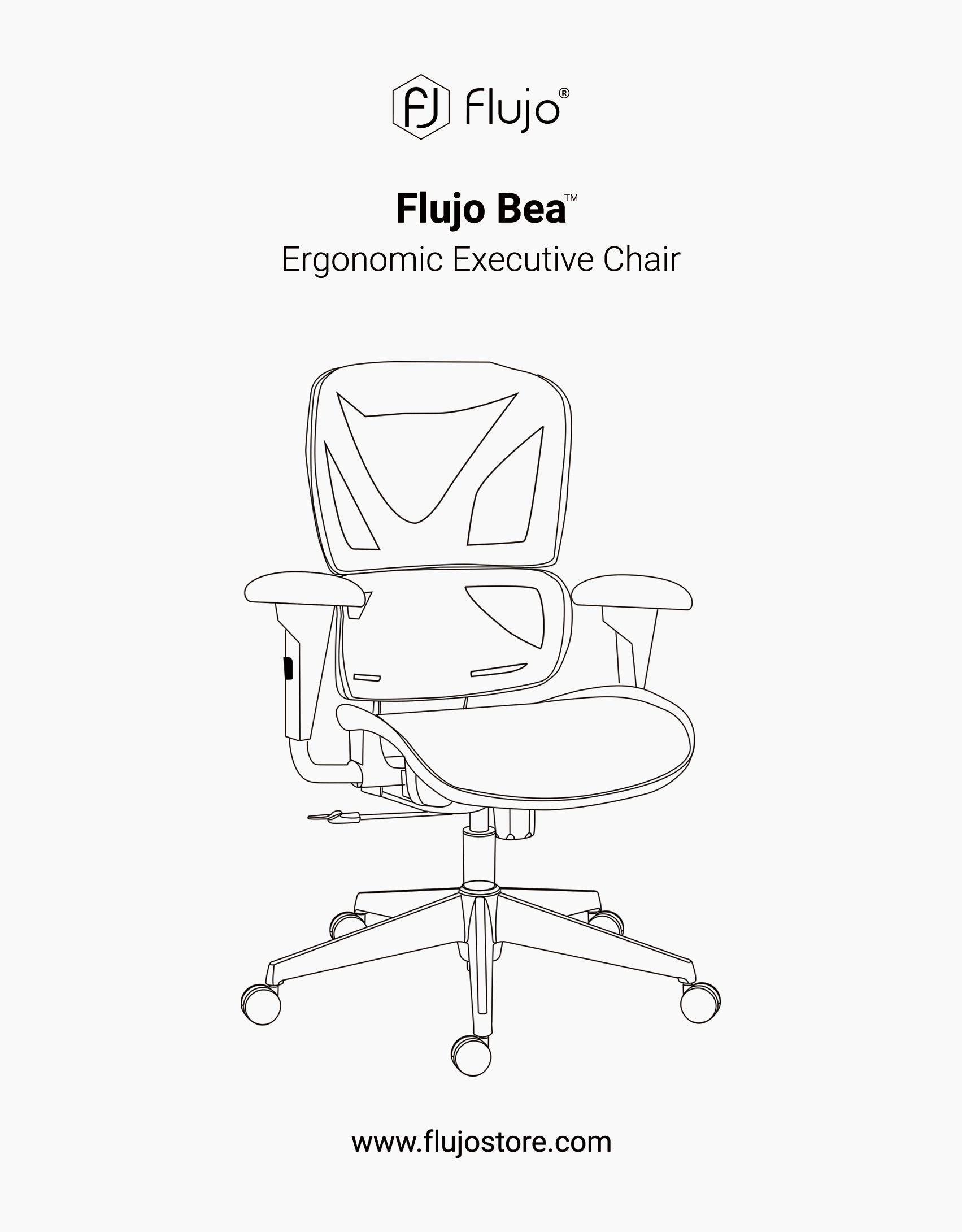 Illustration of the Flujo Bea™ Ergonomic Executive Chair with contoured seat and backrest, highlighting its supportive structure, as advertised on Flujo's website.