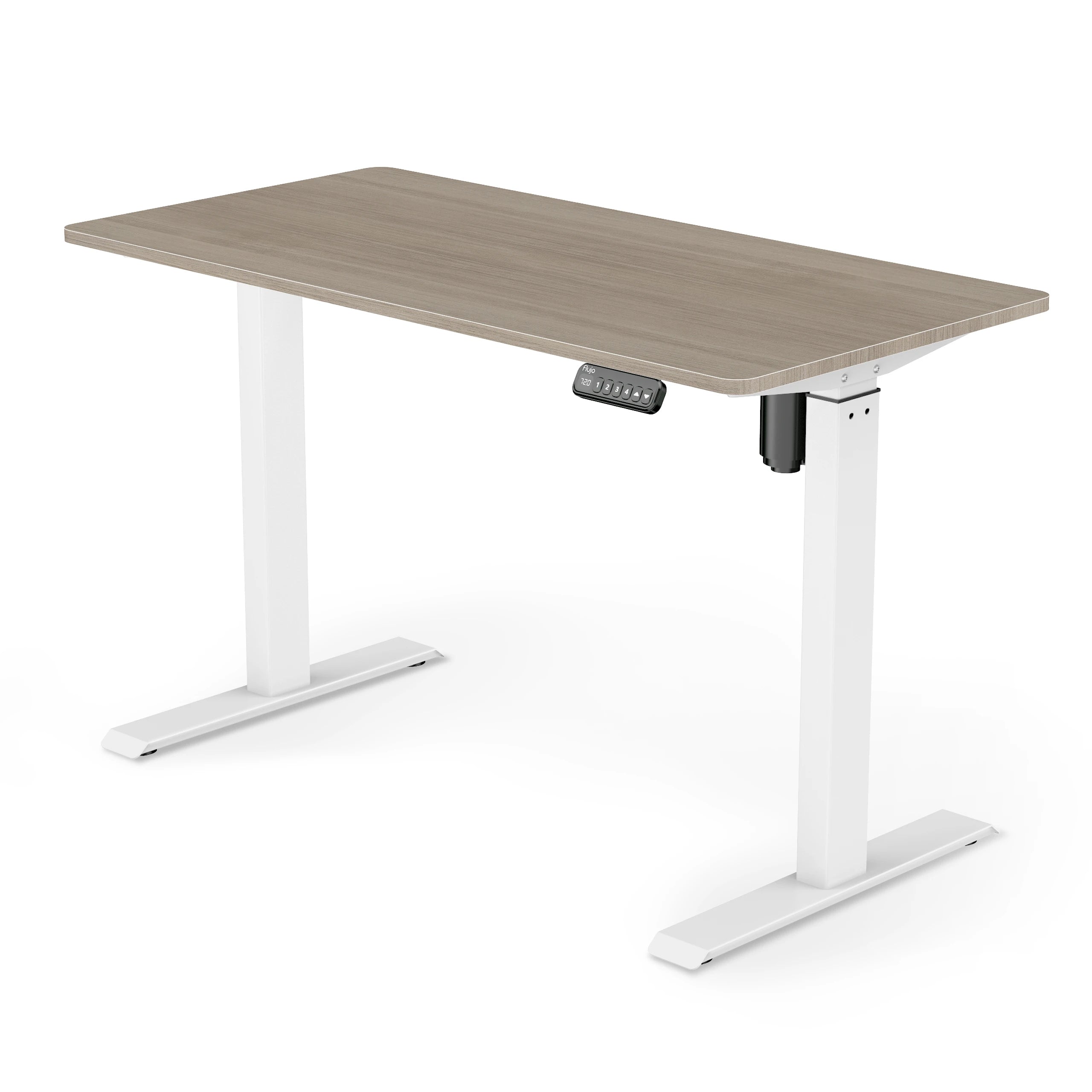 SmarTrax Ergonomic Standing Desk featuring a Beirut wood finish and white frame, complete with programmable height settings for a comfortable standing work experience.
