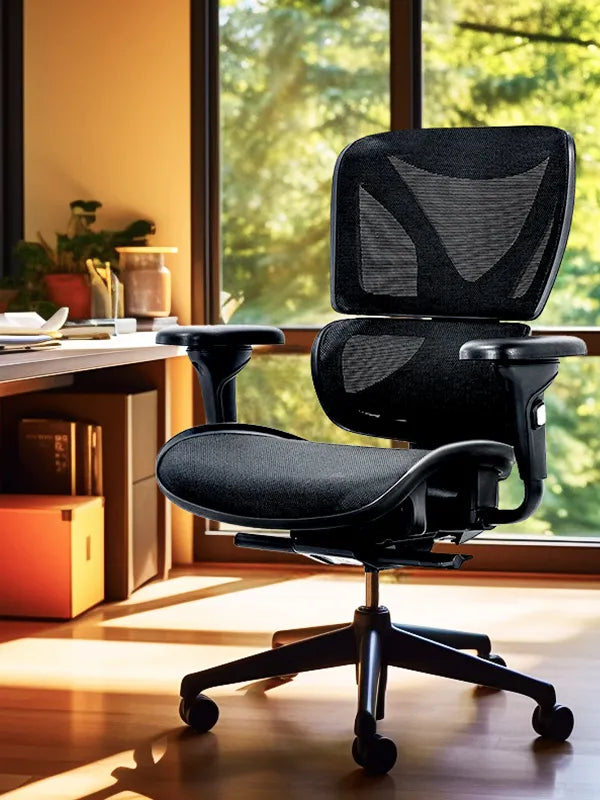 Bea Ergonomic Office Chair with breathable mesh back and plush seating, featured in a bright home office with a scenic view, perfect for modern professionals