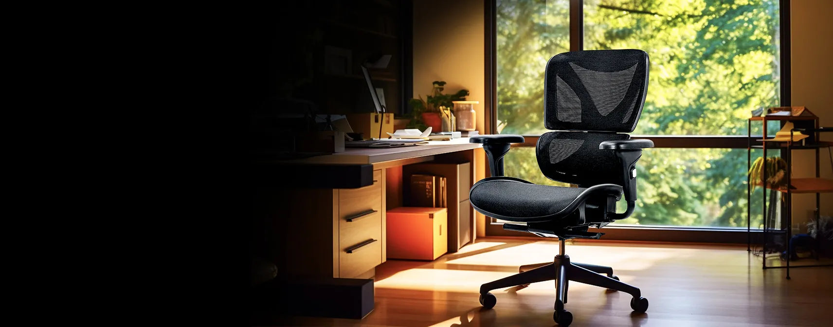 Bea Ergonomic Office Chair with breathable mesh back and plush seating, featured in a bright home office with a scenic view, perfect for modern professionals