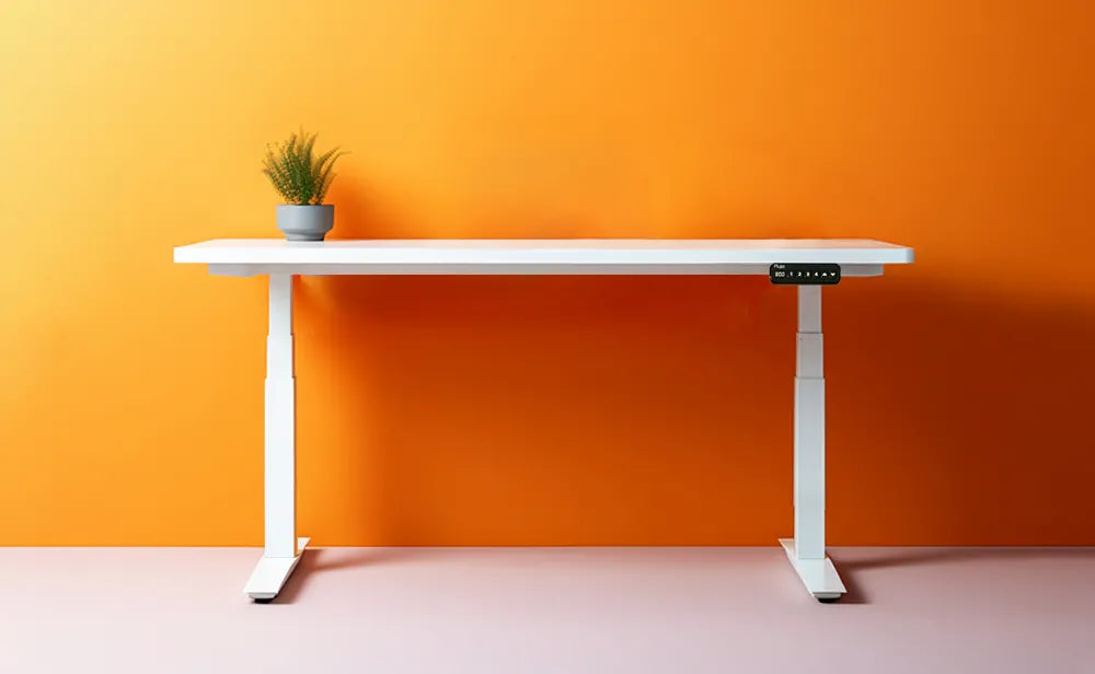 Close-up view of a white standing desk's cable management net with neatly organized wires under the desk, against a clean white background, showcasing office organization solutions.