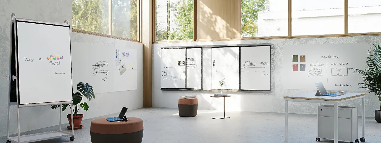 Flujo WriteDeck multi-space setup with a combination of mobile and wall-mounted configurations.