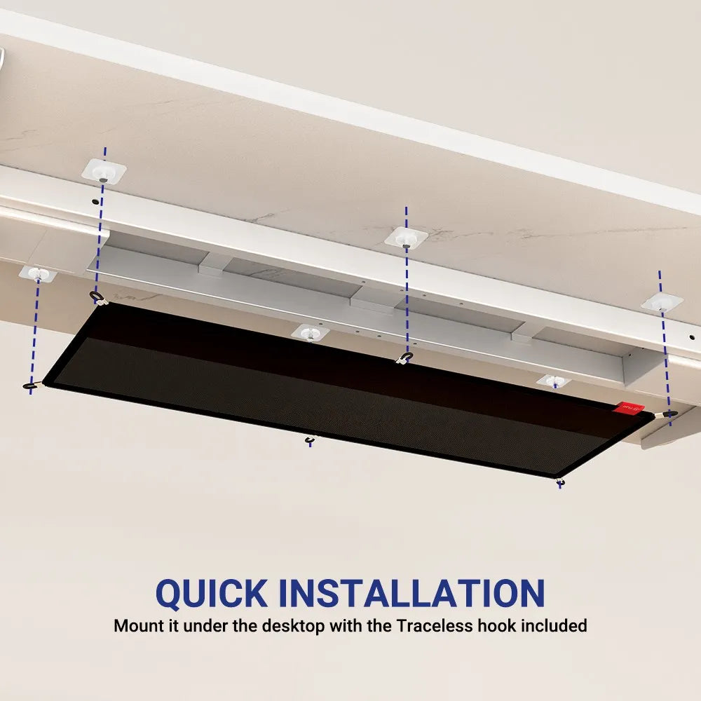 Quick installation of an under-desk cable management net with traceless hooks, perfect for tidy workspaces in Singapore.
