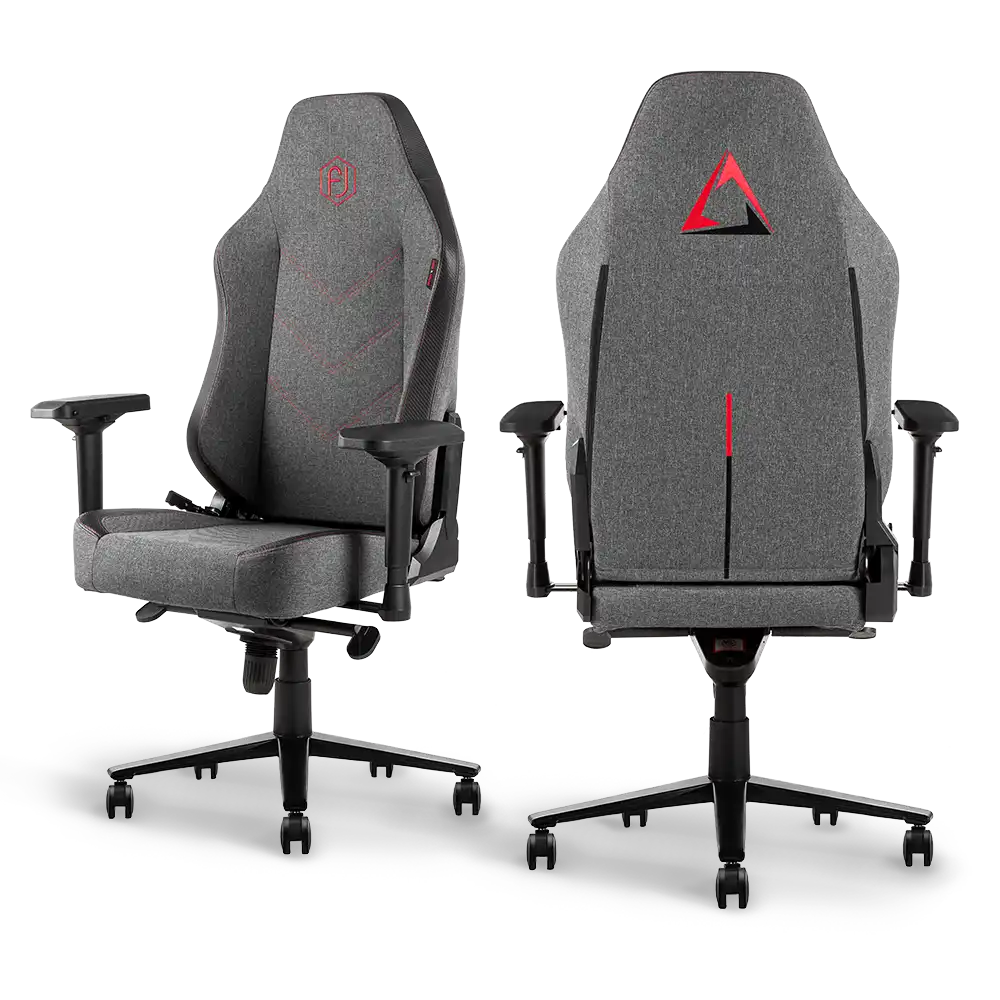 Triton Ergonomic Gaming Chair Fabric in charcoal gray with red accent stitching, displaying its high backrest and adjustable armrests for comfortable gaming sessions.