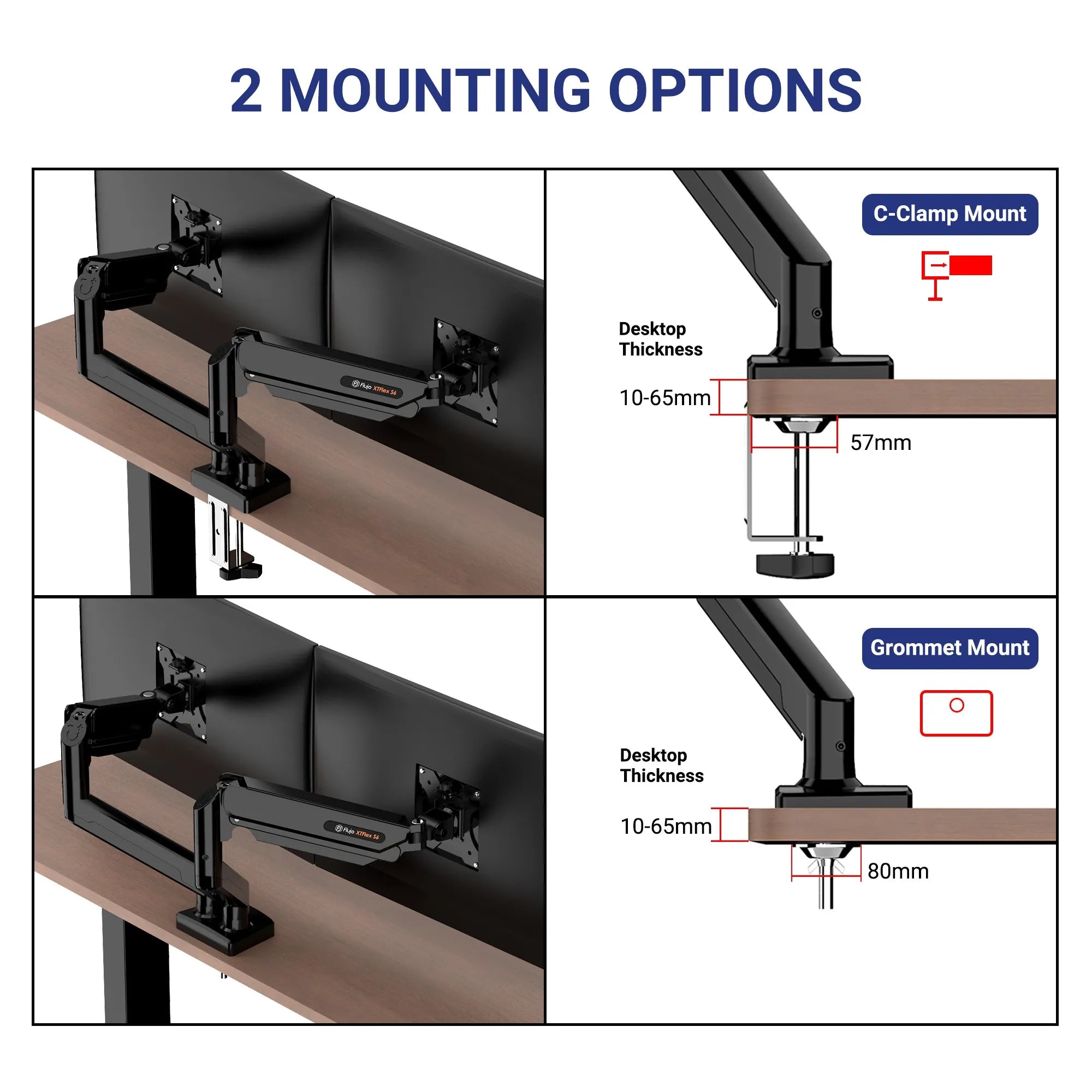 Two versatile mounting options for ergonomic monitor arms showing C-clamp and grommet mount methods in Singapore.
