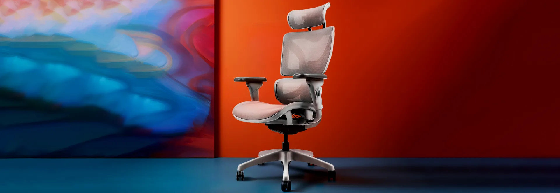 Stylish and modern ergonomic office chair, with adjustable settings for personalized comfort, set against a vibrant background.