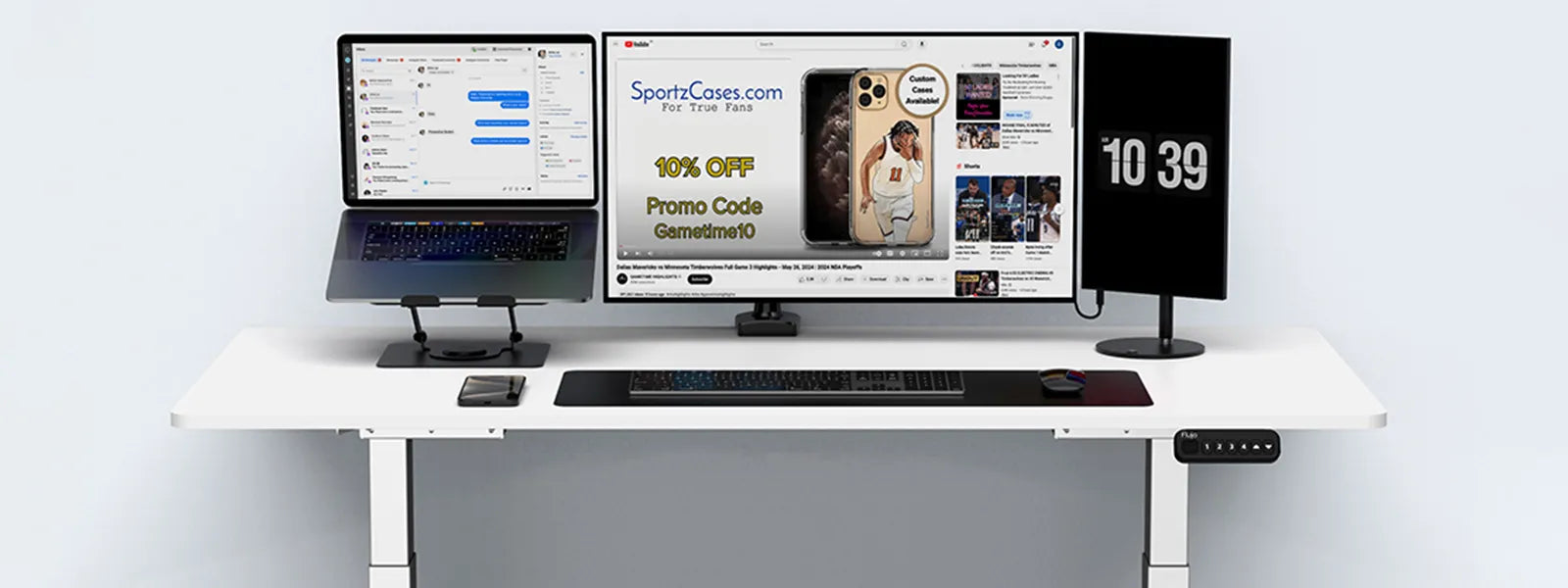 Flujo S8 Portable Monitor Stand setup with multiple devices including a laptop, monitor, and phone on a white adjustable desk.