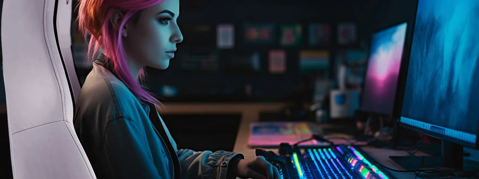 Female gamer sitting in a white SYCLONE PRO gaming chair, enhancing the gaming experience.