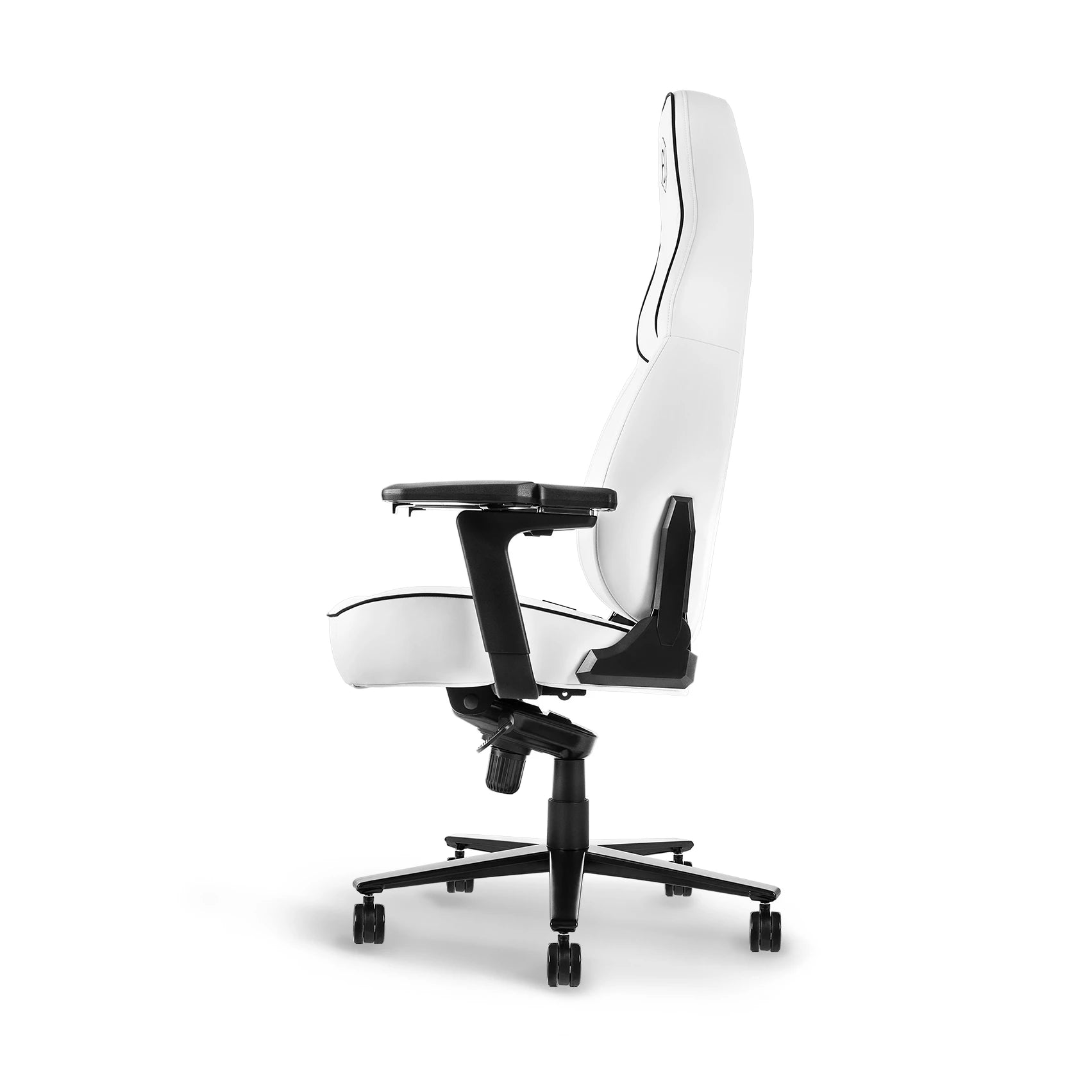 Profile view of a white ergonomic gaming chair with contour lines and a sleek black frame.