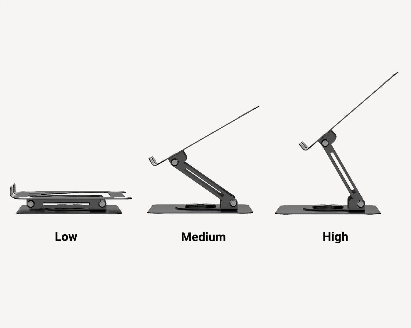 Three adjustable height settings of the FlexStand Pro Laptop Stand by Flujo