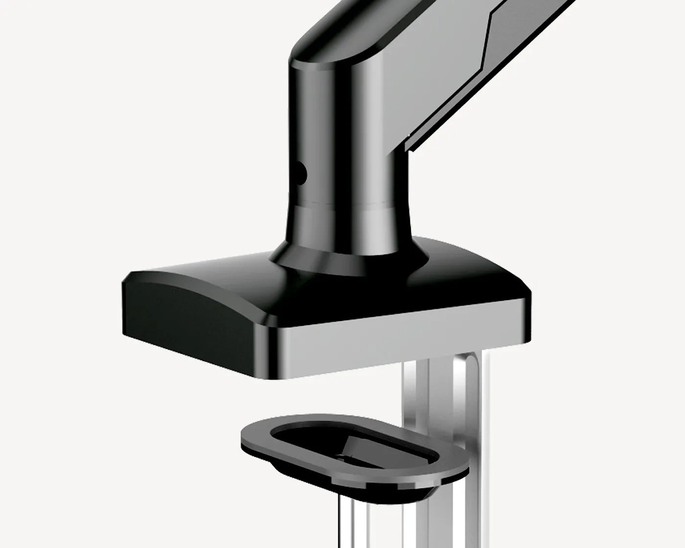 Clamp and grommet mounting options of the Flujo XTFlex monitor arm for diverse desk setups.