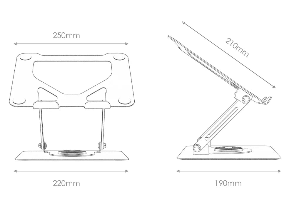 Dimensions and adjustable features diagram of the FlexStand Pro Laptop Stand by Flujo