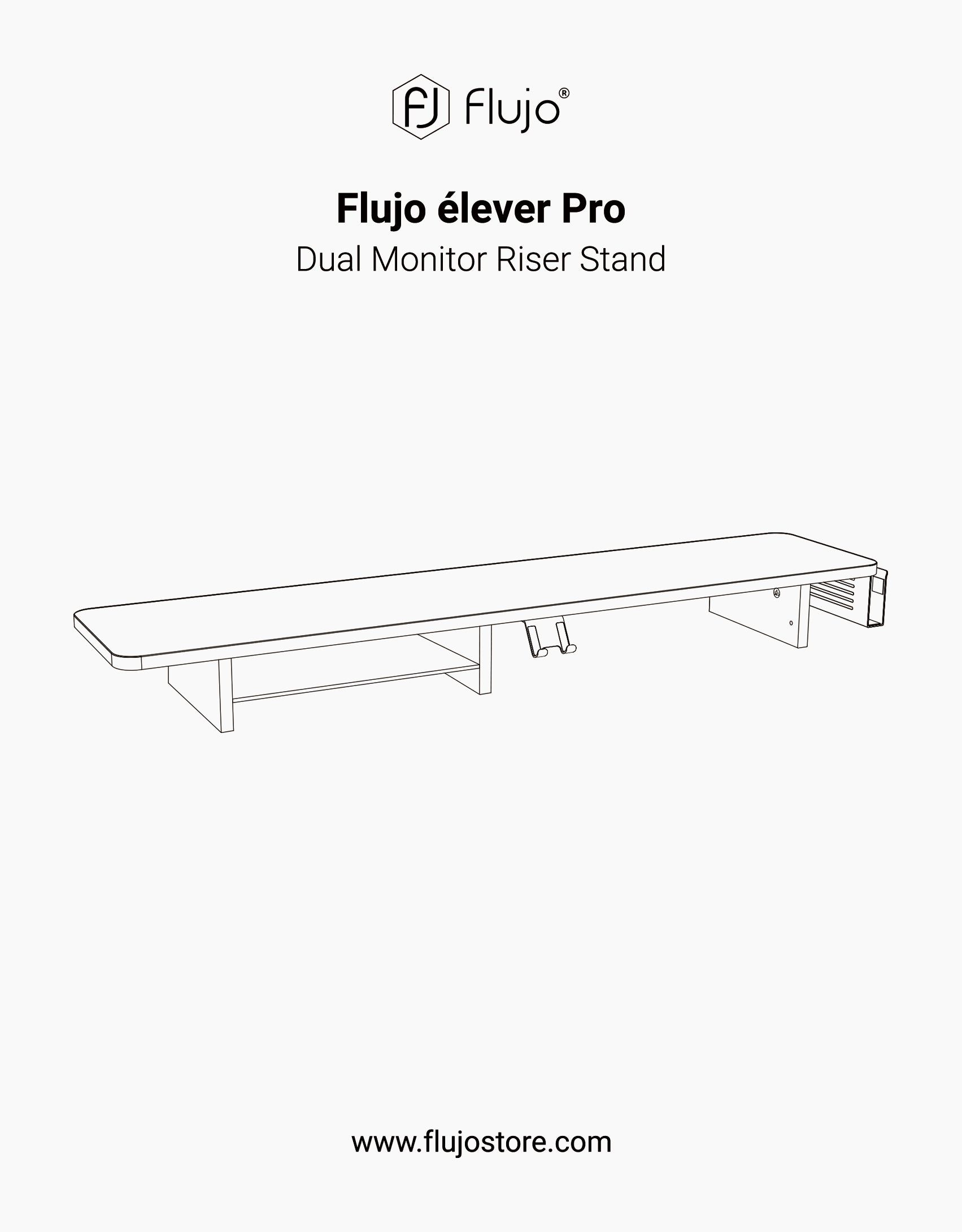 Technical drawing of the Flujo Élever Pro Dual Monitor Riser Stand, showing a long, sturdy platform for monitors, advertised on the Flujo online store.