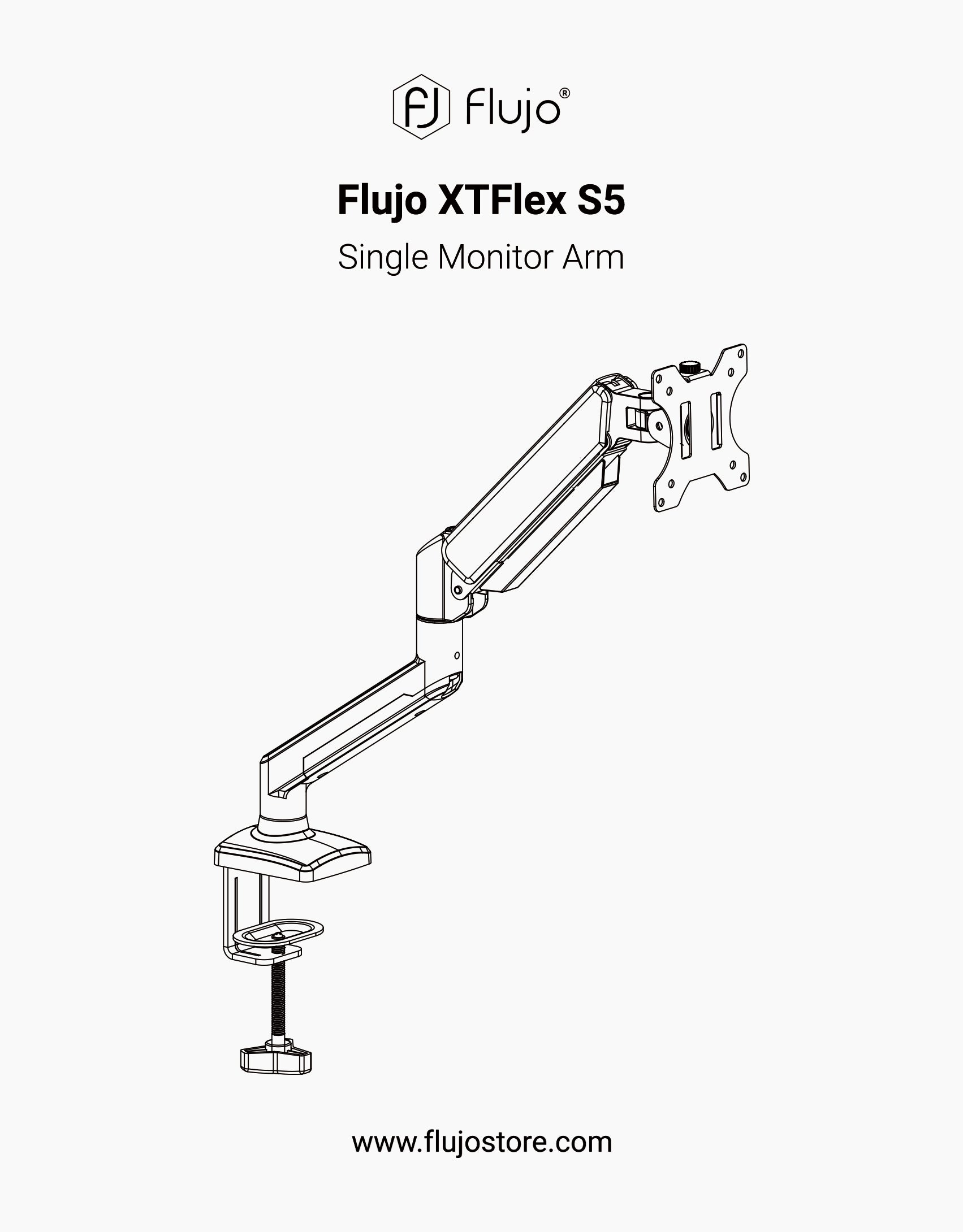 Diagram of the Flujo XTFlex S5 Single Monitor Arm, illustrating its articulated design for flexible monitor positioning, available at Flujo's website.