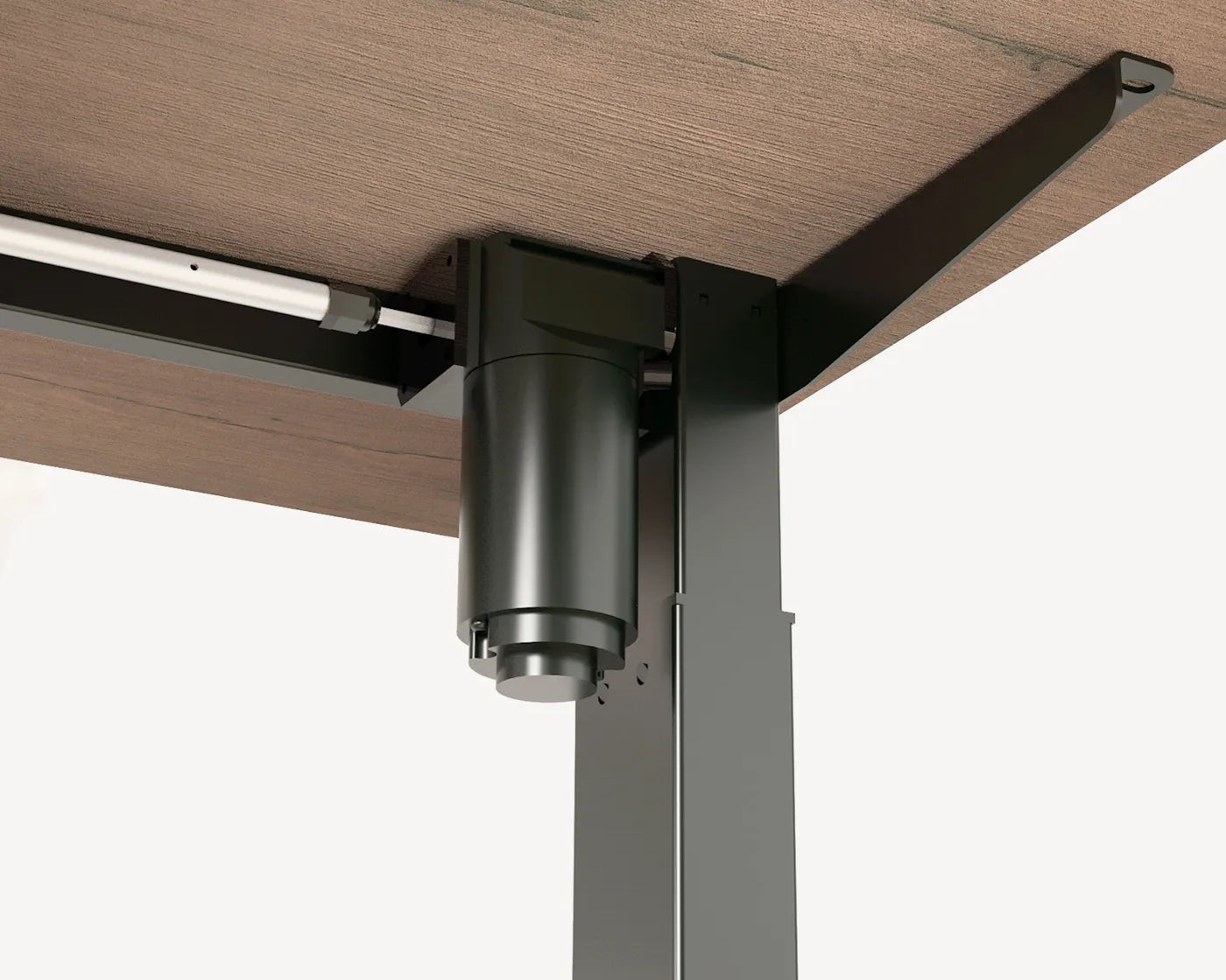 Close-up of the Flujio SmarTrax Standing Desk's quiet single motor mechanism for height adjustment.