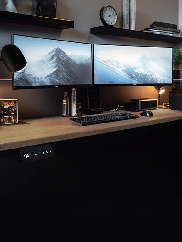 SmartAxle Standing Desk in a contemporary office setup with dual monitors, emphasizing ergonomic posture and productivity
