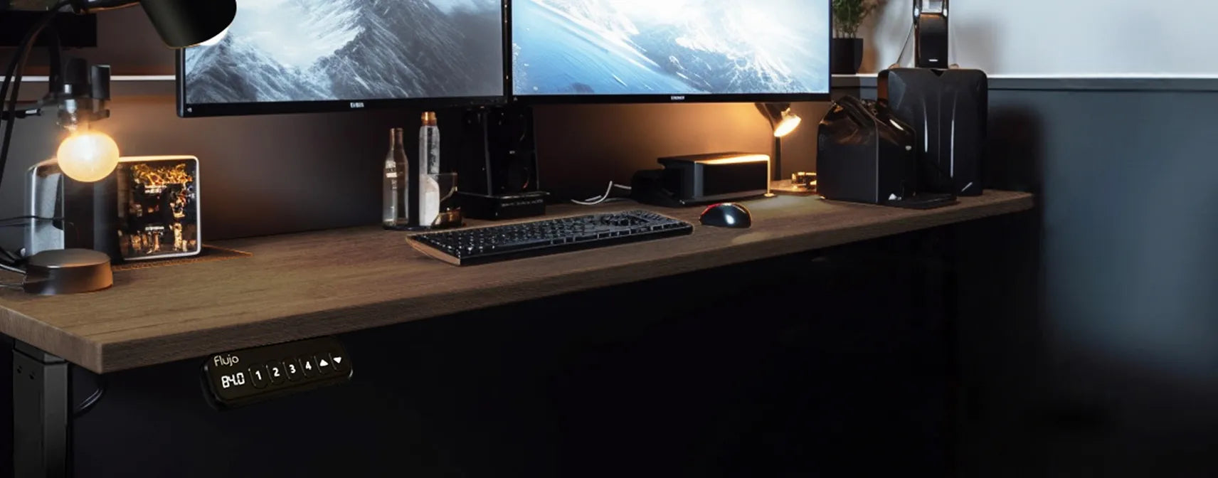 SmartAxle Standing Desk in a contemporary office setup with dual monitors, emphasizing ergonomic posture and productivity