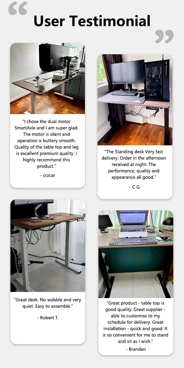Compilation of Flujo standing desk reviews, praising its silent dual motor, smooth operation, fast delivery, and customization options for optimal work convenience