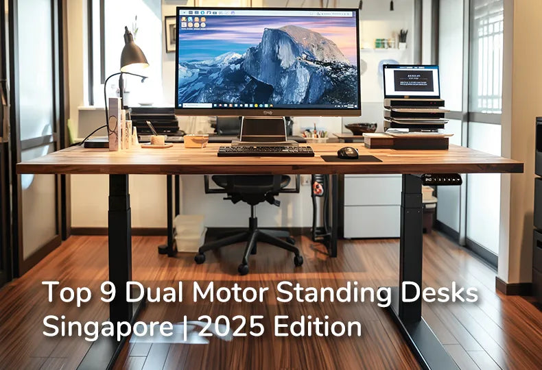 Top 9 Standing Desks Dual Motor 2025 Singapore - An ergonomic workspace featuring a standing desk with a dual motor setup, from the brand Flujo. The desk is situated in a well-organized office environment, complete with a desktop computer, laptop, monitor stands, and various desk accessories. The interior is modern with ample natural light.