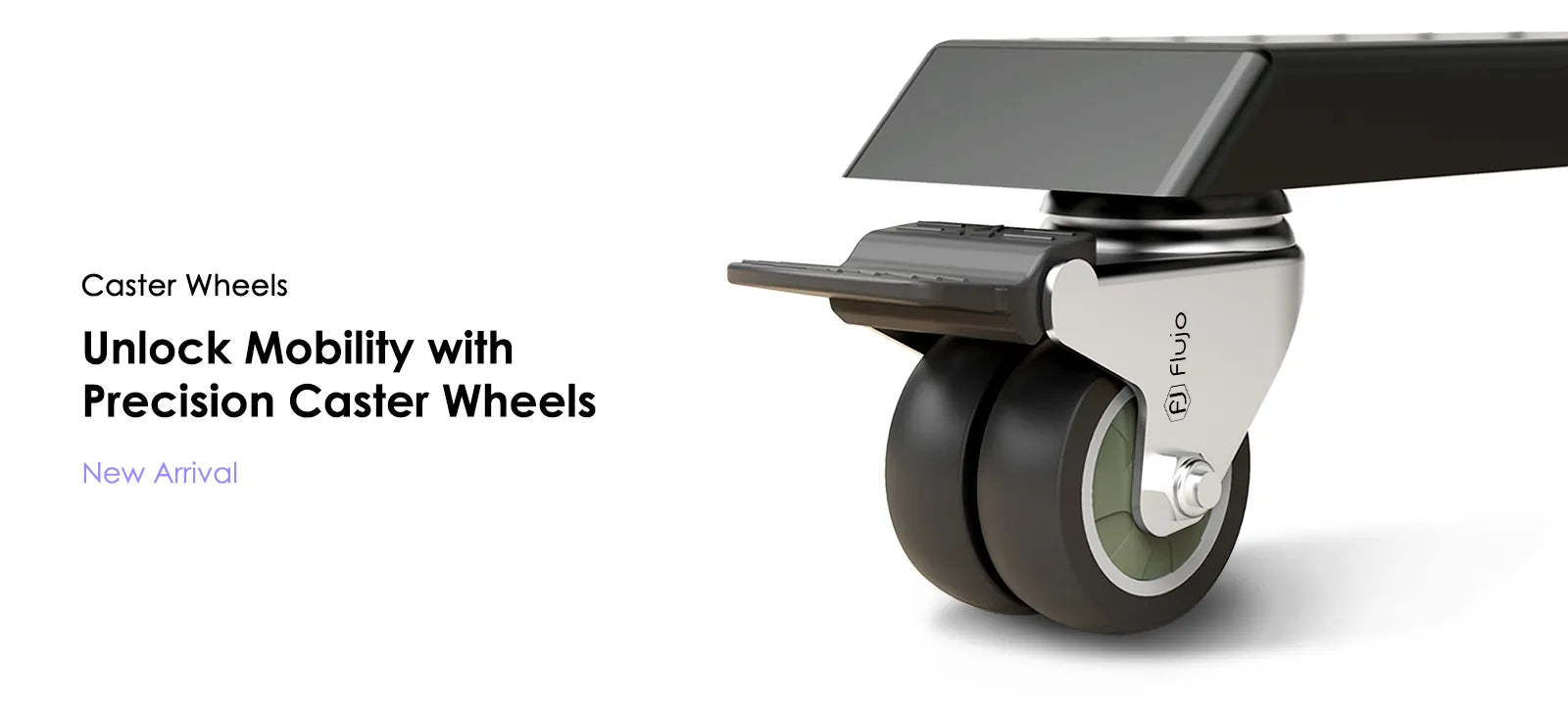 A close-up of a caster wheel attached to a standing desk leg, with the headline 'Unlock Mobility with Precision Caster Wheels' indicating new, smooth-rolling desk mobility solutions.