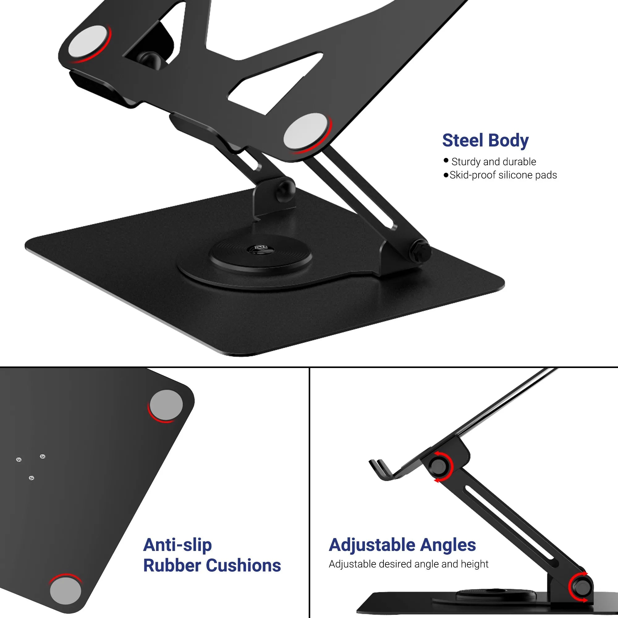 Detailed view of adjustable and ergonomic laptop stand with anti-slip cushions for secure desk setup in Singapore.