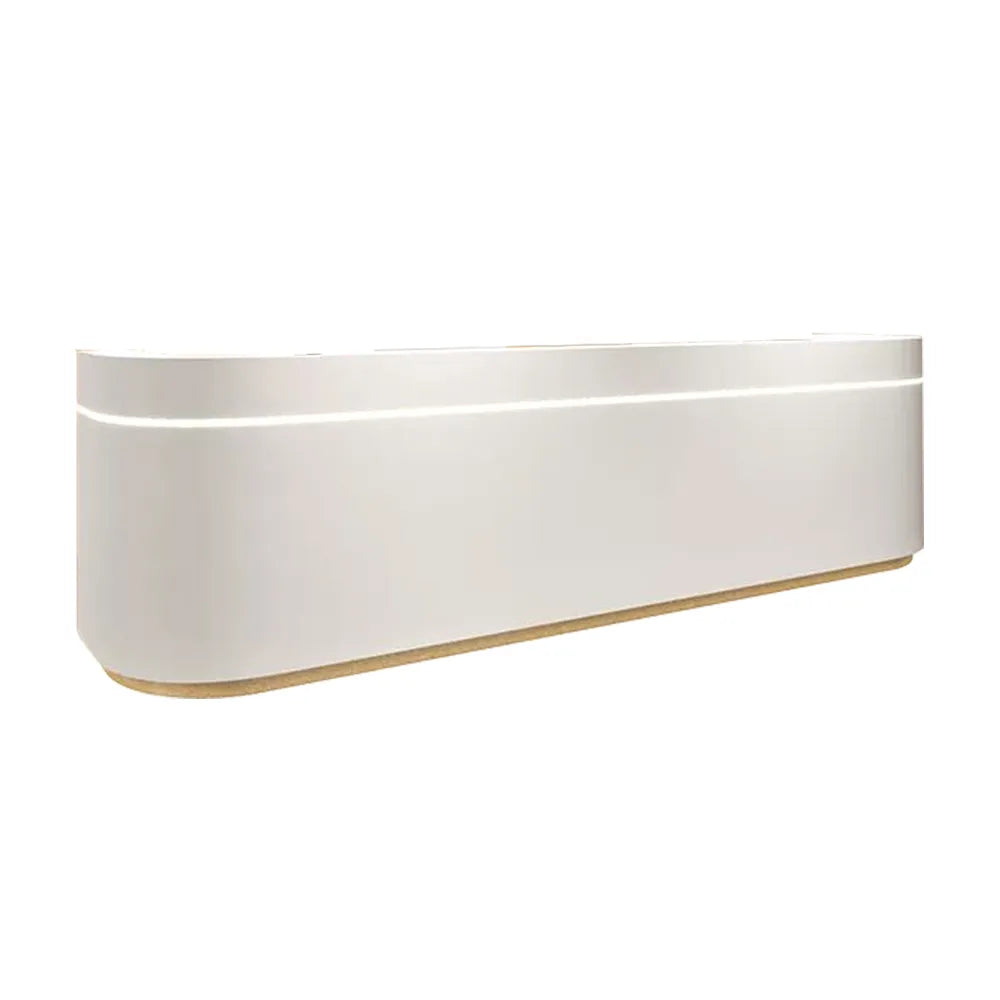 Front angle view of Astra Reception Counter – elegant high-gloss white MDF reception desk for Singapore businesses