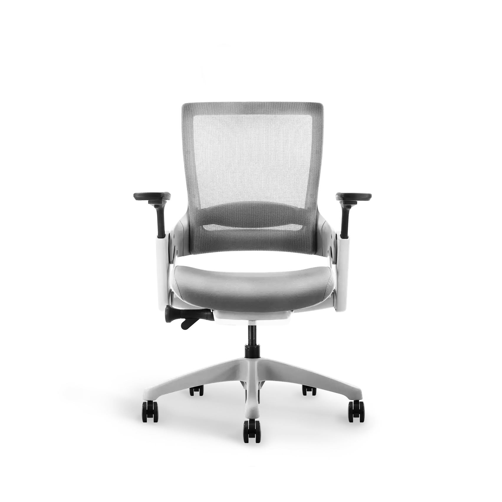 Back view of Flujo Angulo ergonomic chair with lumbar support in grey