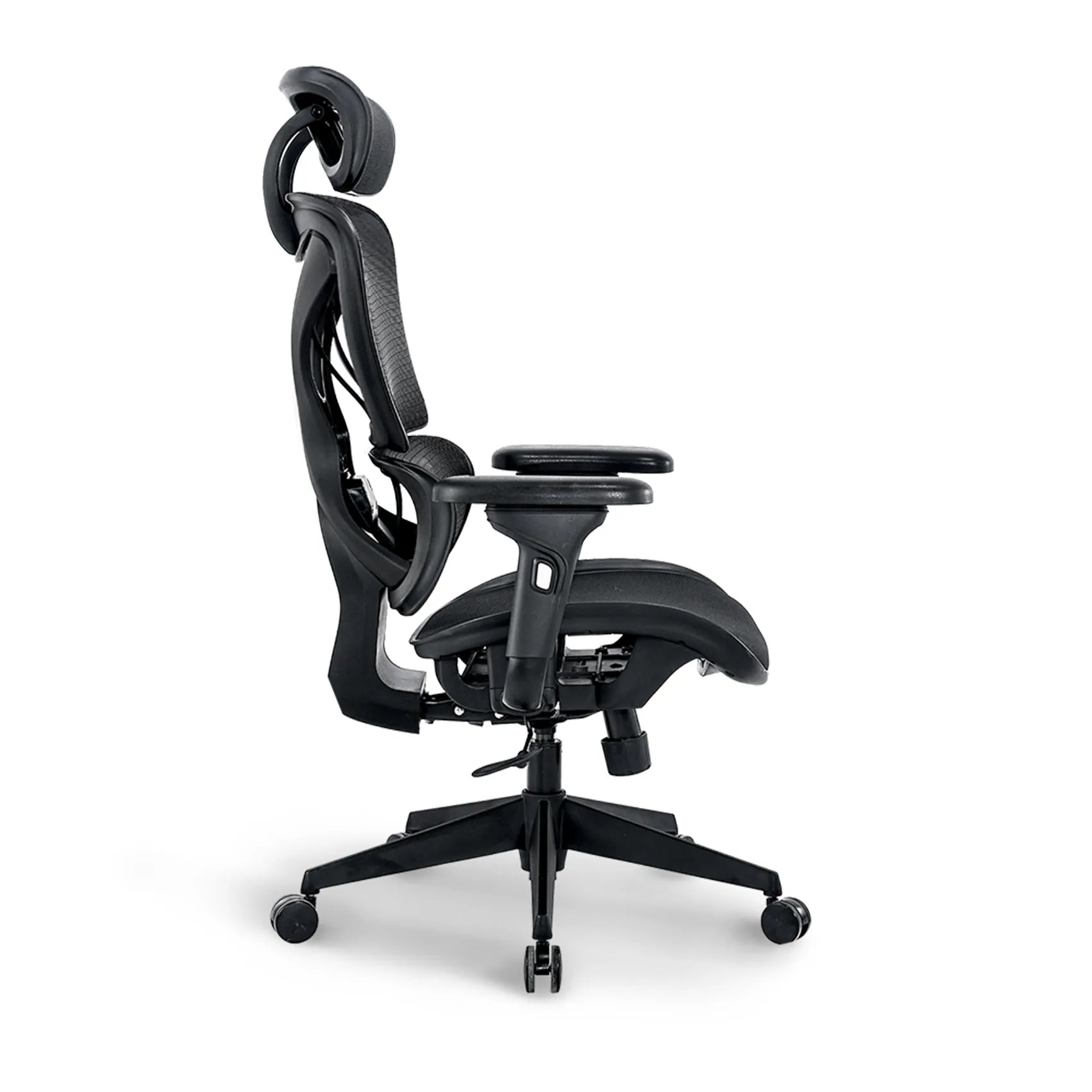 Side view of Bea witht Headrest Ergonomic Chair showing adjustable armrests and sleek profile.
