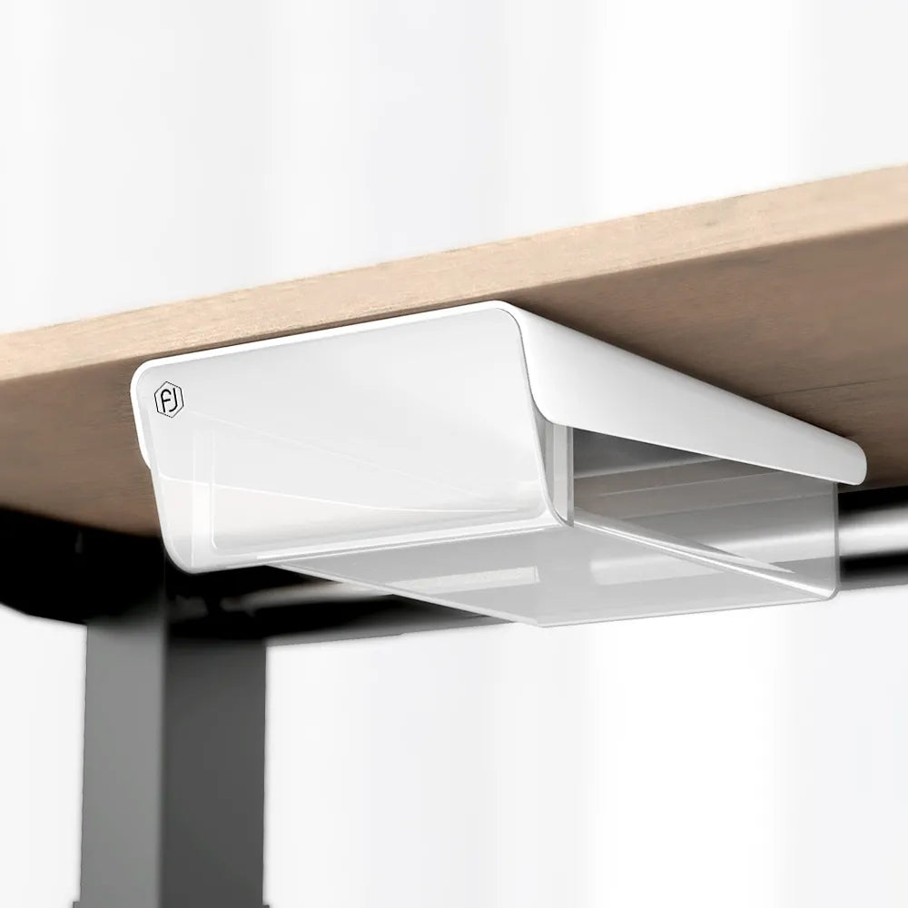 Compact clear under desk drawer attached to wooden desk, enhancing office organization and space utilization.