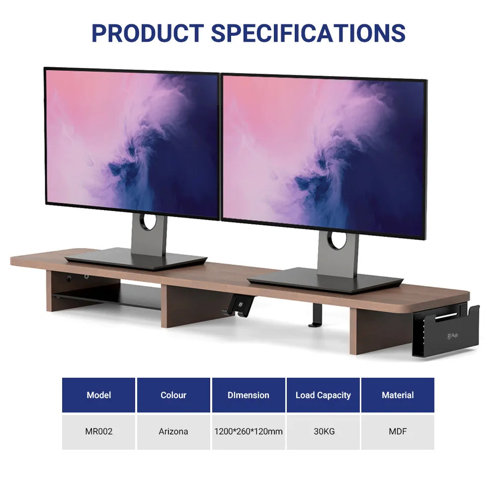 Dual monitor riser with product specifications, showing model MR002 in Arizona color with dimensions and capacity, perfect for desk setups in Singapore.