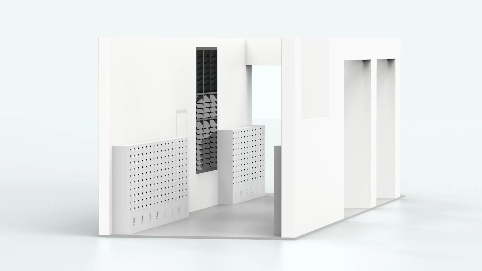 SecureGrid 40-cell steel lockers installed in a modern smart storage room with clean white walls – ideal for shared device storage in Singapore