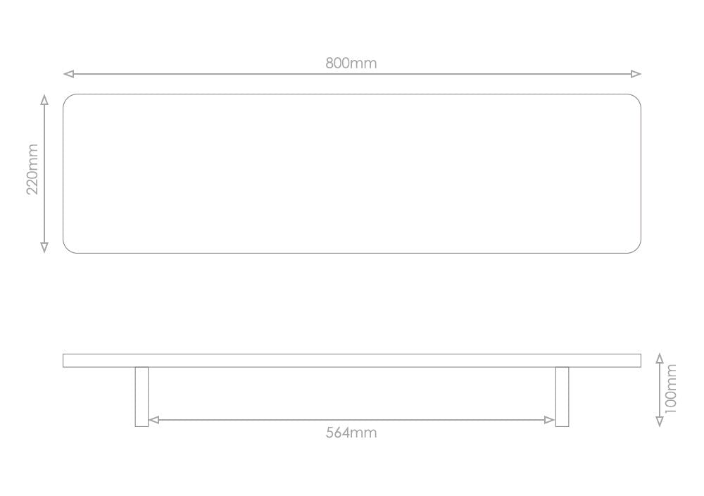 Technical drawing of an ergonomic monitor riser, displaying top and side views with dimensions: 800mm in width, 220mm in depth, and 100mm in height, with a leg span of 564mm.