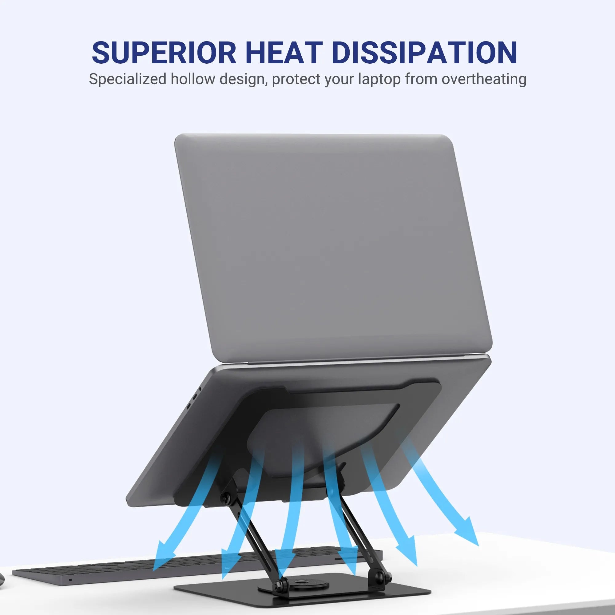 Ergonomic laptop stand with superior heat dissipation feature for cooling, ideal for desk setups in Singapore.