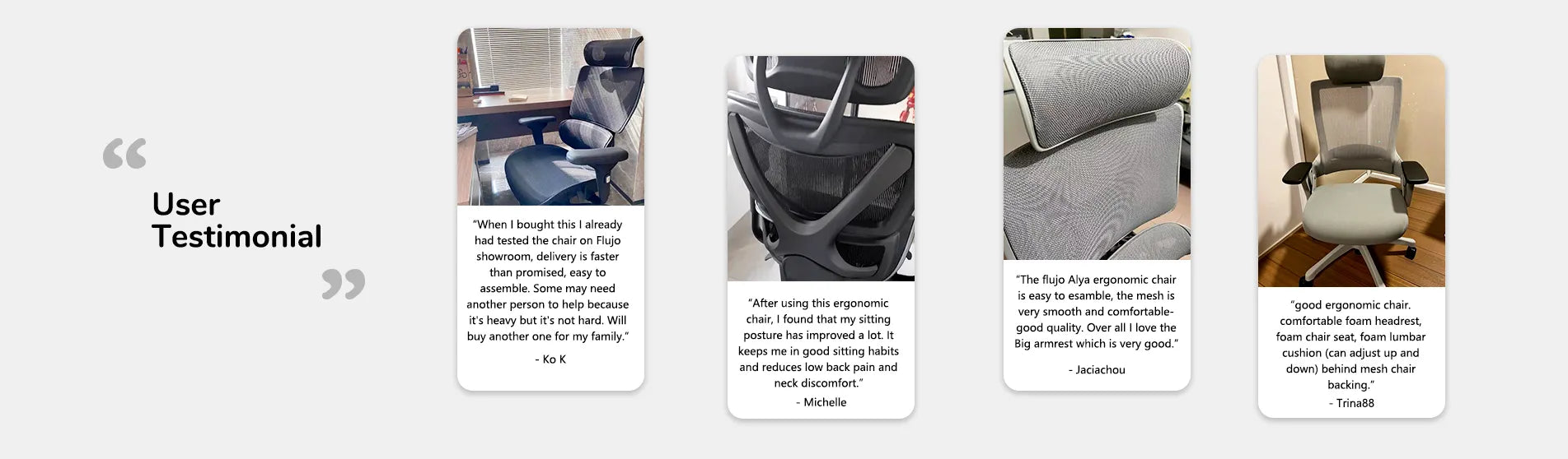 Flujo Ergonomic Chairs User Testimonials, highlighting comfort, ease of assembly, and support for better posture.