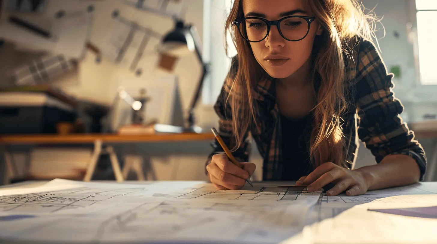 Focused female designer sketching ergonomic chair designs for functional workspace.