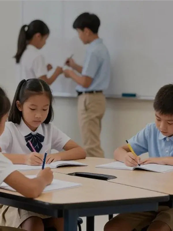 Students and teacher using flexible Flujo classroom furniture in an active learning environment, supporting collaborative teaching styles.