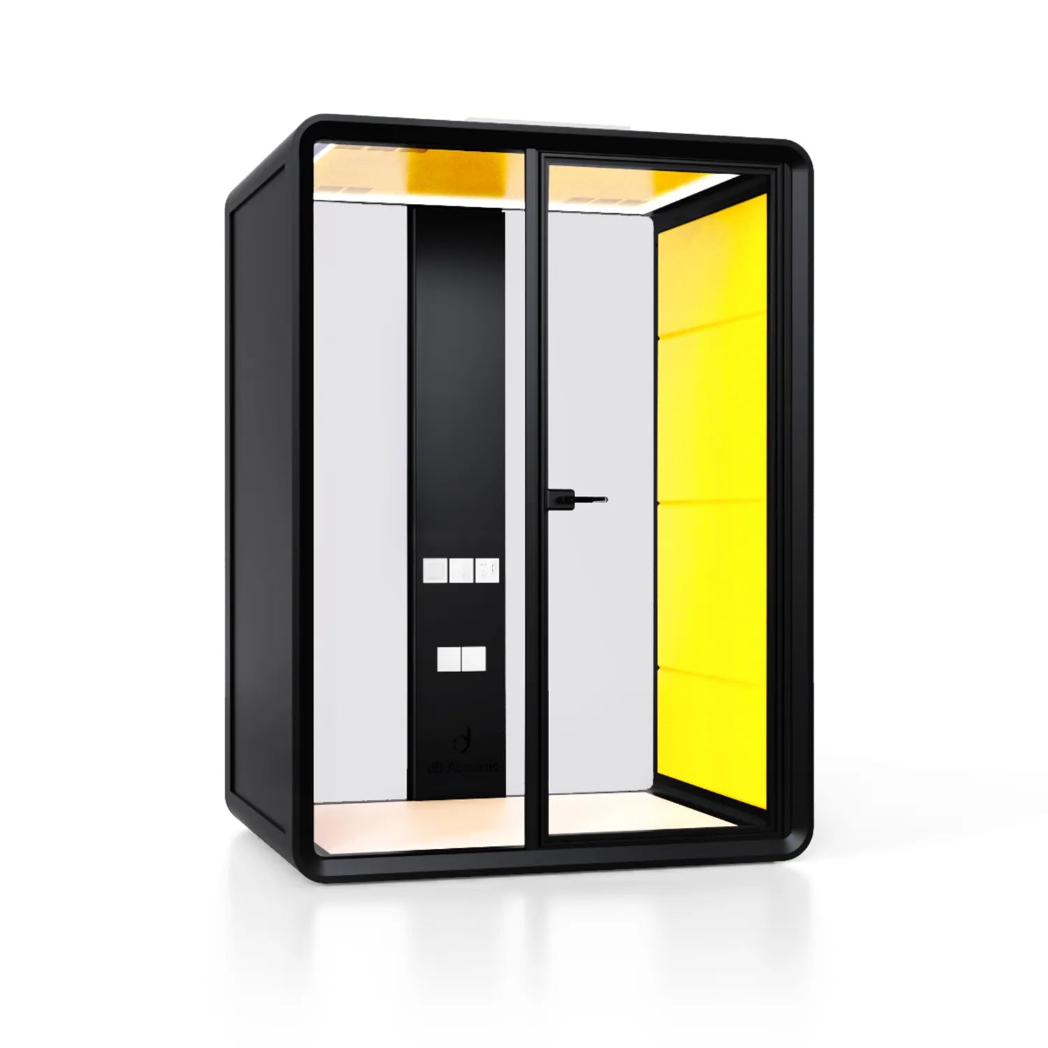 Flujo Sphere Work Pod equipped with an ergonomic chair and a desk, providing a compact and private workspace for individual use.